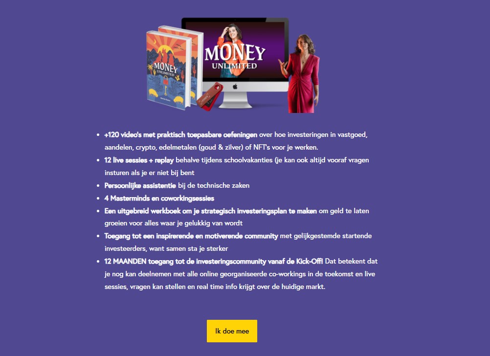 Op deze foto zie je het Money Unlimited programma van Kim de Graeve